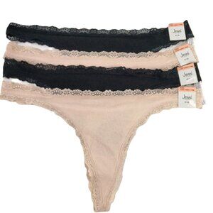 Jenni Women's Lace Trim Thong Underwear 3XL 4 Pairs Black Chai Beige Cotton